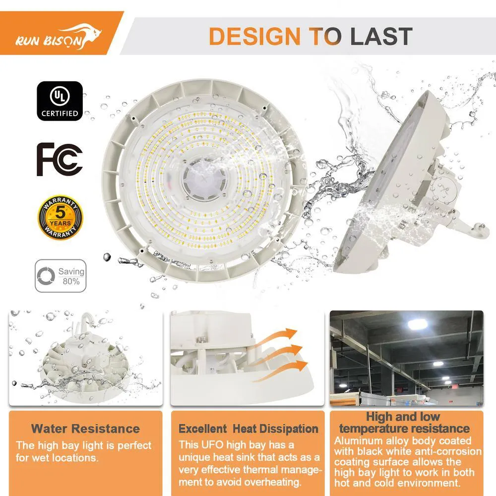 RUN BISON 10.4in. White 150W Integrated LED UFO High Bay Light Fixture, 4000K/5000K Up to 21000 Lumens, 0-10V Dimmable (4-PACK), photo 4 of 7