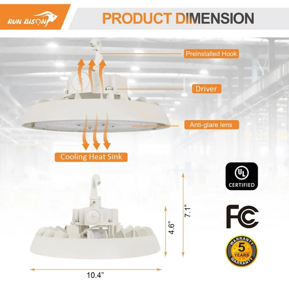 RUN BISON 10.4in. White 150W Integrated LED UFO High Bay Light Fixture, 4000K/5000K Up to 21000 Lumens, 0-10V Dimmable (4-PACK), photo 3 of 7
