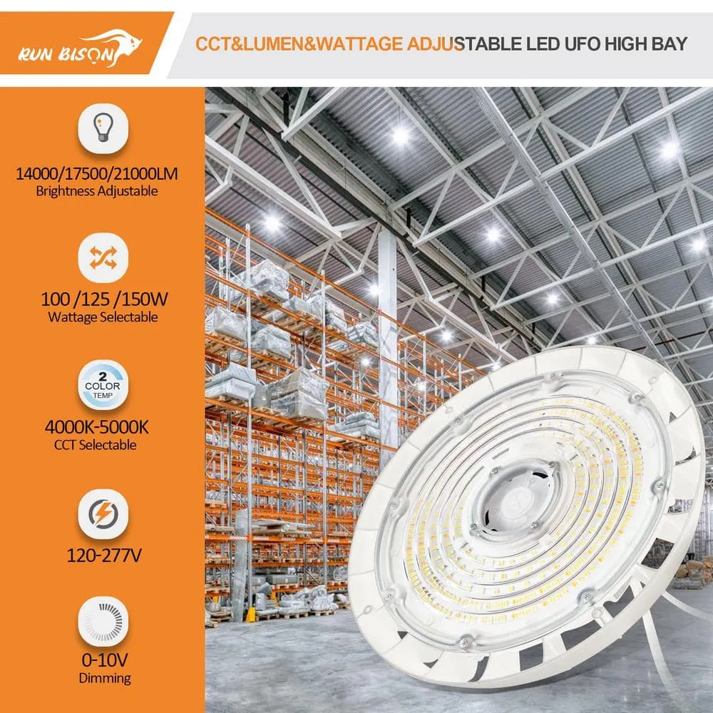 RUN BISON 10.4in. White 150W Integrated LED UFO High Bay Light Fixture, 4000K/5000K Up to 21000 Lumens, 0-10V Dimmable (4-PACK), photo 2 of 7
