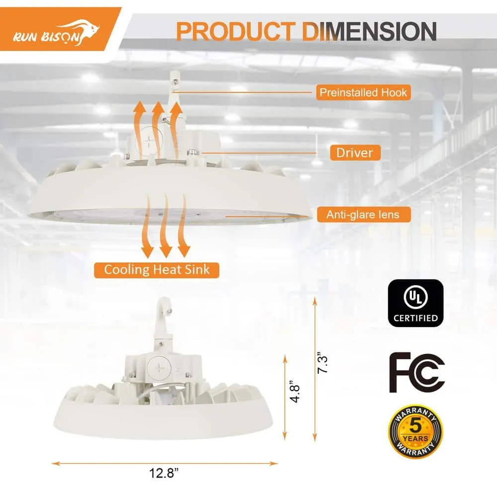 RUN BISON 12.8 in. Integrated LED UFO High Bay Light Fixture White Garage Light Up to 33600 Lumens 4000K/5000K, 0-10-Volt Dimmable, photo 4 of 8