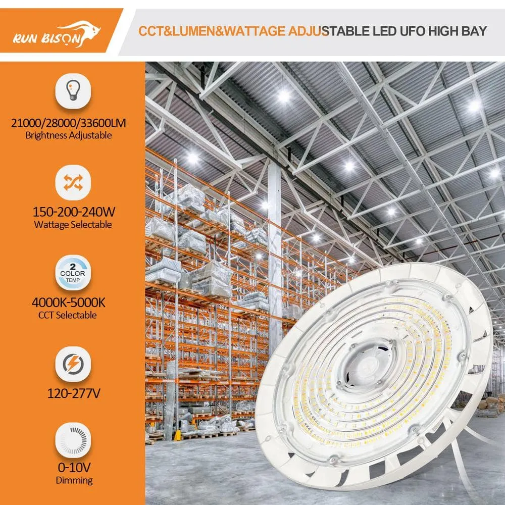 RUN BISON 12.8 in. Integrated LED UFO High Bay Light Fixture White Garage Light Up to 33600 Lumens 4000K/5000K, 0-10-Volt Dimmable, photo 3 of 8