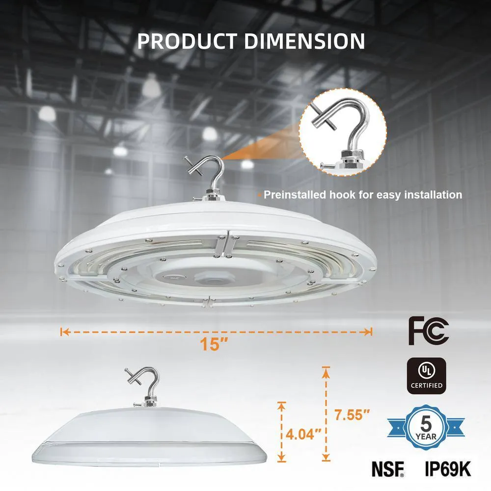RUN BISON 15 in. White 30000 Lumens Integrated LED Dimmable UFO High Bay Light Fixture NSF Certified 50000K Daylight, photo 5 of 7