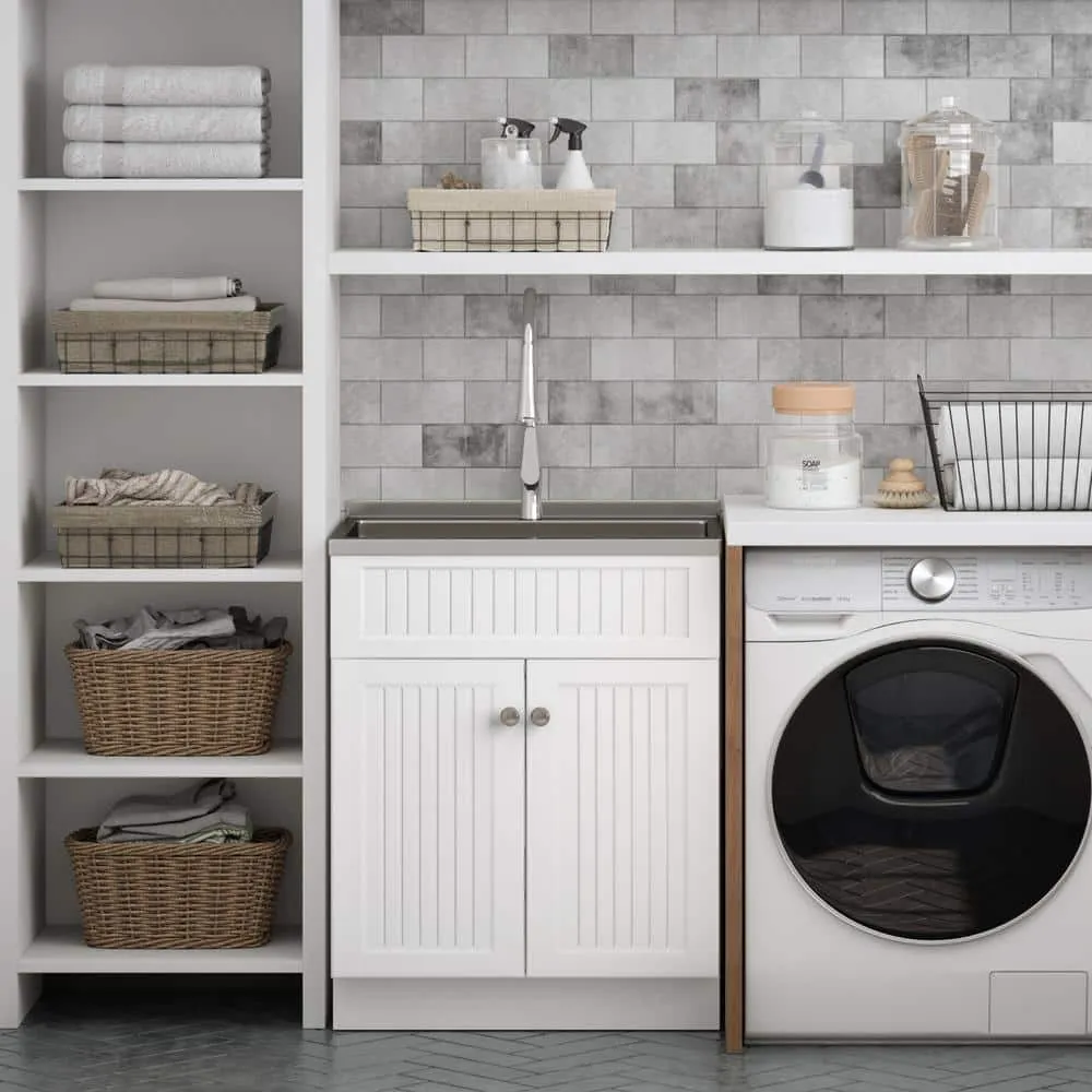 Simpli Home Beckham Transitional 28 in. wall mount Laundry sink with Cabinet Faucet and Stainless Steel Sink in White, photo 11 of 11