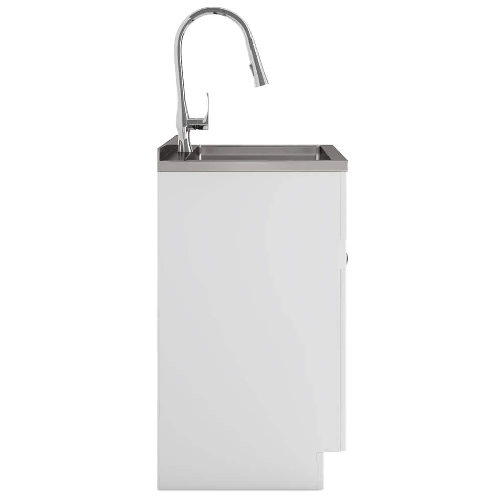 Simpli Home Beckham Transitional 28 in. wall mount Laundry sink with Cabinet Faucet and Stainless Steel Sink in White, photo 7 of 11