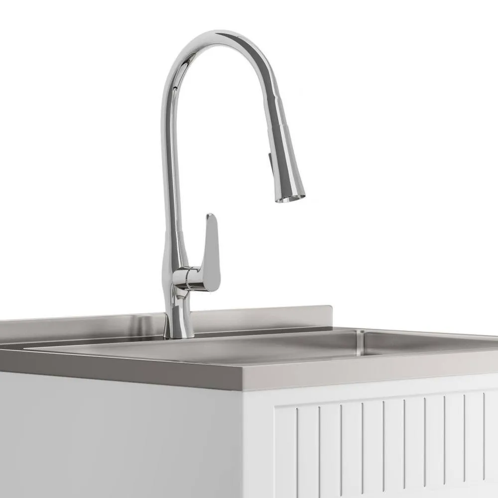 Simpli Home Beckham Transitional 28 in. wall mount Laundry sink with Cabinet Faucet and Stainless Steel Sink in White, photo 5 of 11