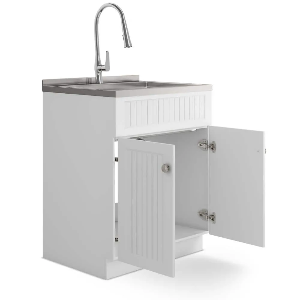 Simpli Home Beckham Transitional 28 in. wall mount Laundry sink with Cabinet Faucet and Stainless Steel Sink in White, photo 3 of 11
