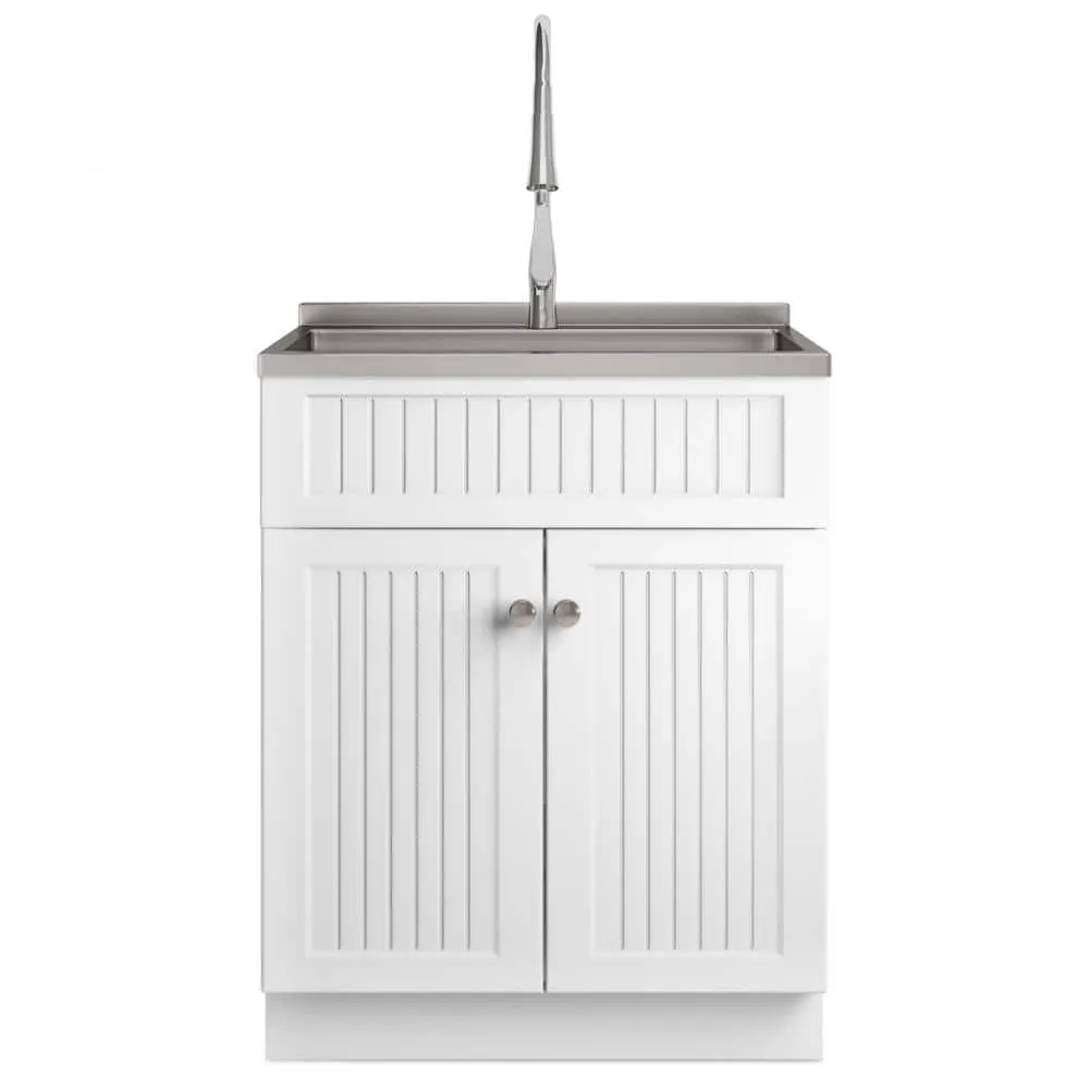 Simpli Home Beckham Transitional 28 in. wall mount Laundry sink with Cabinet Faucet and Stainless Steel Sink in White, photo 2 of 11