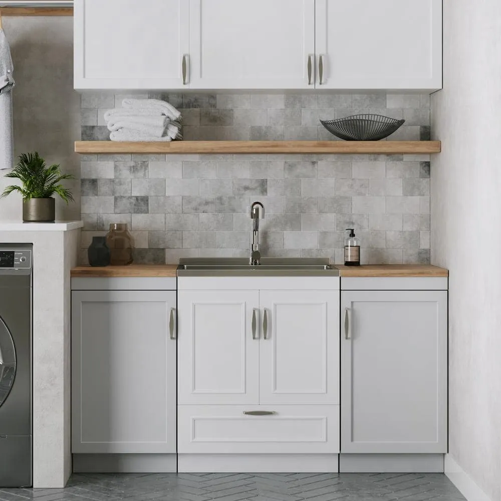 Simpli Home Cardinal Transitional 28 in. Wall Mount Laundry Sink with Cabinet Laundry Cabinet Faucet and Stainless Steel Sink White, photo 11 of 11