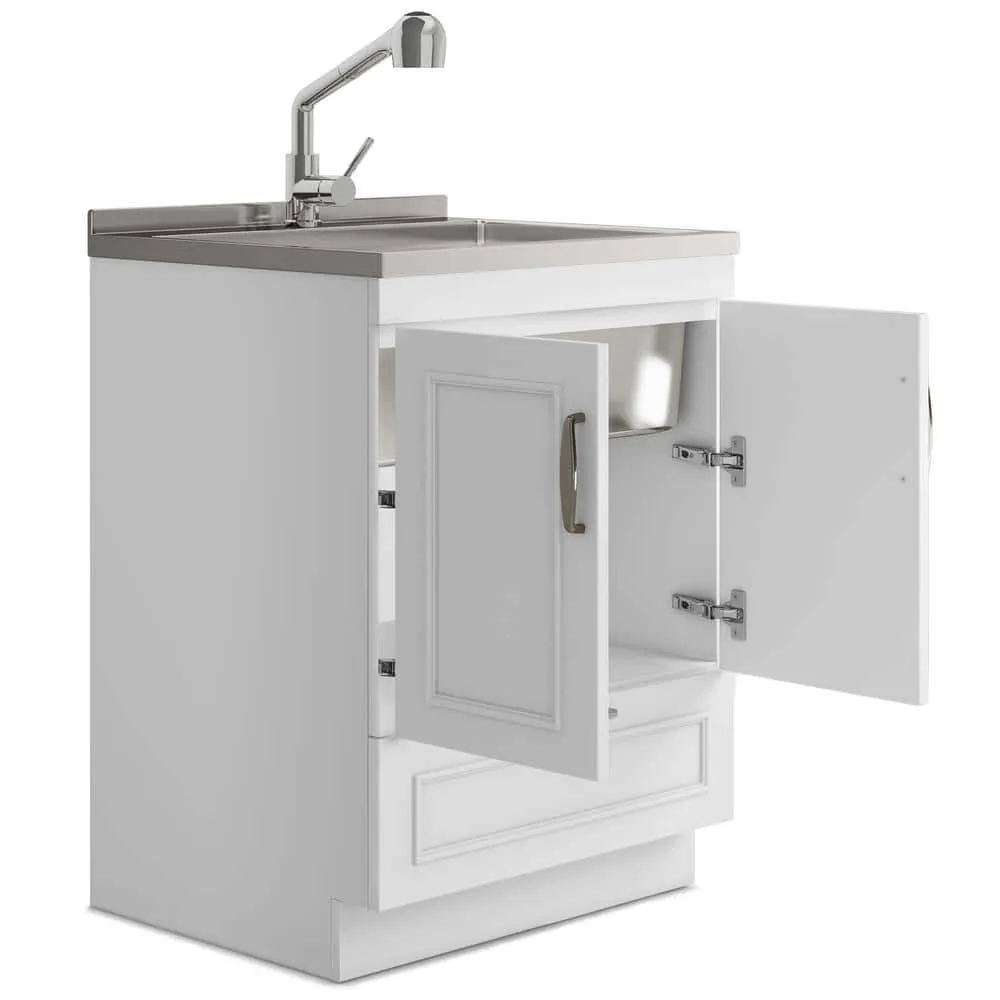 Simpli Home Cardinal Transitional 28 in. Wall Mount Laundry Sink with Cabinet Laundry Cabinet Faucet and Stainless Steel Sink White, photo 3 of 11