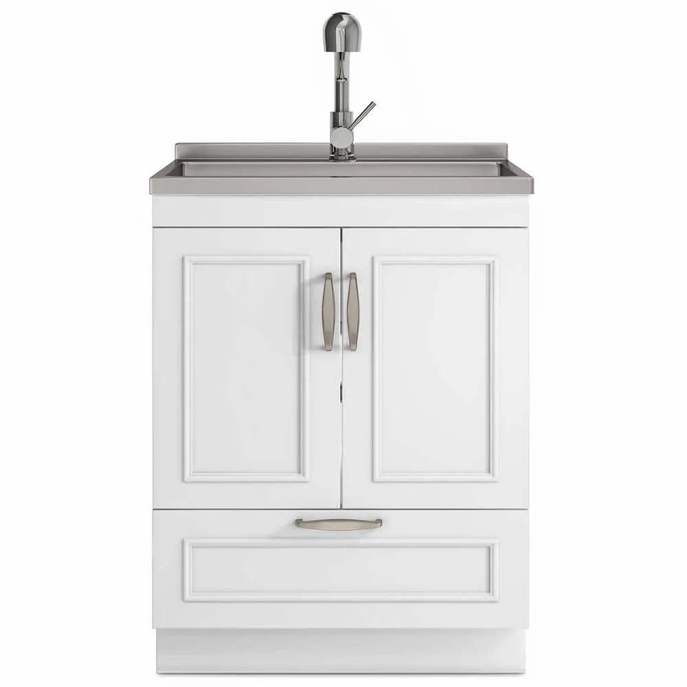 Simpli Home Cardinal Transitional 28 in. Wall Mount Laundry Sink with Cabinet Laundry Cabinet Faucet and Stainless Steel Sink White, photo 2 of 11