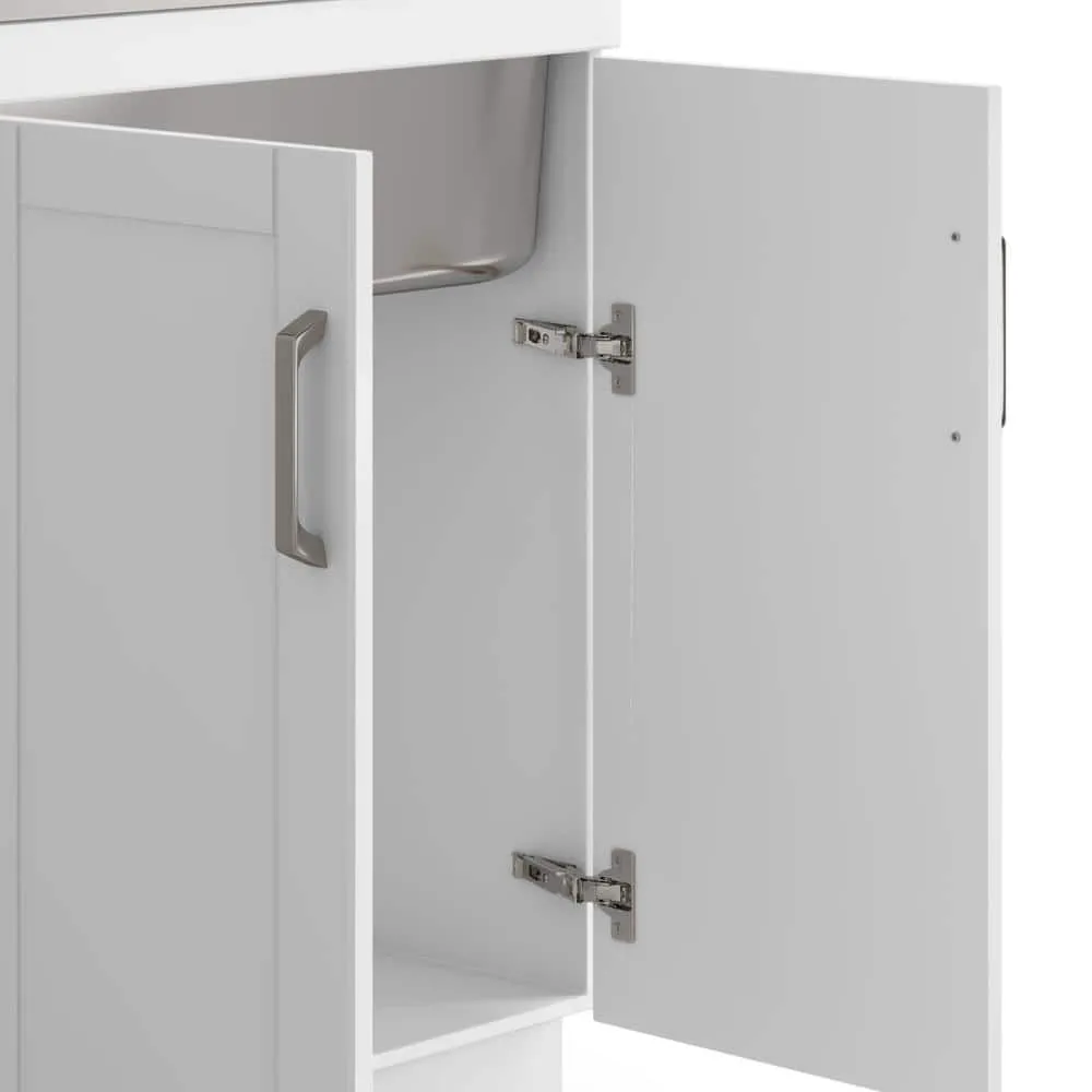 Simpli Home Kyle Transitional 28 in. Wall Mount Laundry Sink with Cabinet Faucet and Stainless Steel Sink in White, photo 6 of 11