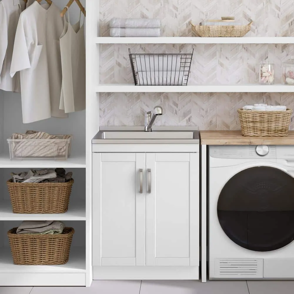 Simpli Home Kyle Transitional 28 in. Wall Mount Laundry Sink with Cabinet Faucet and Stainless Steel Sink in White, photo 11 of 11