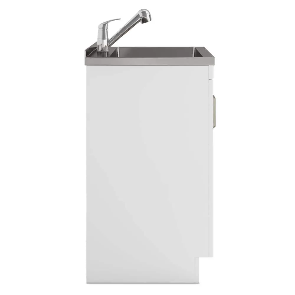 Simpli Home Kyle Transitional 28 in. Wall Mount Laundry Sink with Cabinet Faucet and Stainless Steel Sink in White, photo 7 of 11