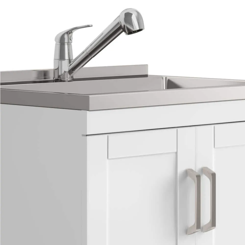 Simpli Home Kyle Transitional 28 in. Wall Mount Laundry Sink with Cabinet Faucet and Stainless Steel Sink in White, photo 5 of 11