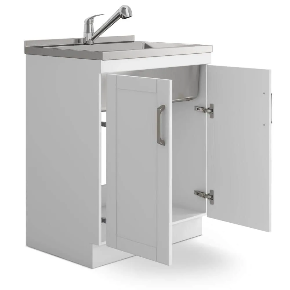 Simpli Home Kyle Transitional 28 in. Wall Mount Laundry Sink with Cabinet Faucet and Stainless Steel Sink in White, photo 3 of 11