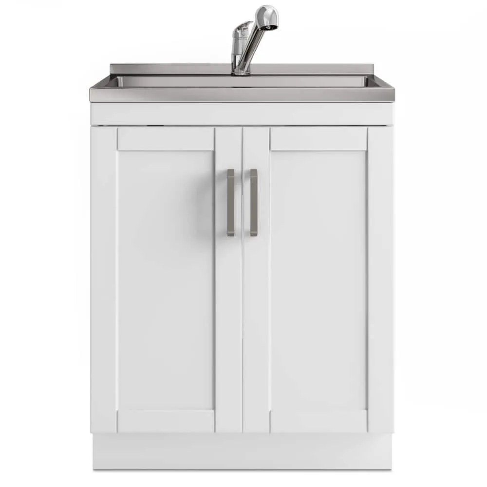 Simpli Home Kyle Transitional 28 in. Wall Mount Laundry Sink with Cabinet Faucet and Stainless Steel Sink in White, photo 2 of 11