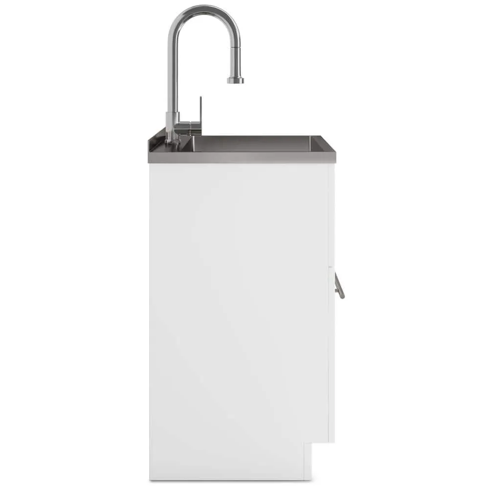 Simpli Home Metro Modern 28 in. Wall Mount Laundry Sink with Cabinet Faucet and Stainless Steel Sink in White, photo 6 of 10