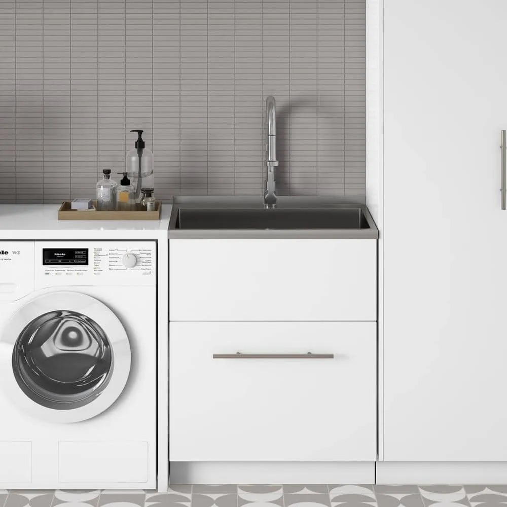 Simpli Home Metro Modern 28 in. Wall Mount Laundry Sink with Cabinet Faucet and Stainless Steel Sink in White, photo 10 of 10