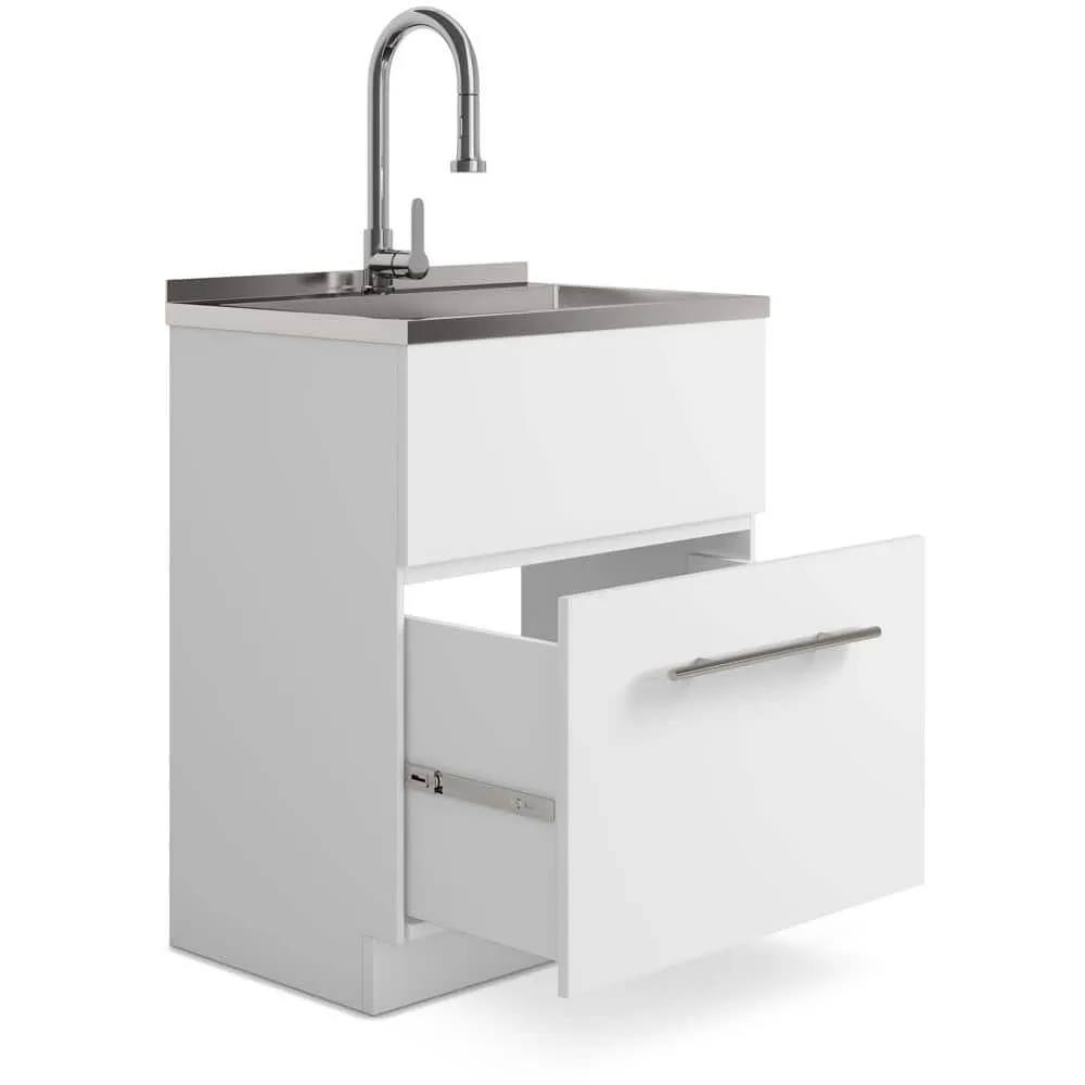 Simpli Home Metro Modern 28 in. Wall Mount Laundry Sink with Cabinet Faucet and Stainless Steel Sink in White, photo 3 of 10