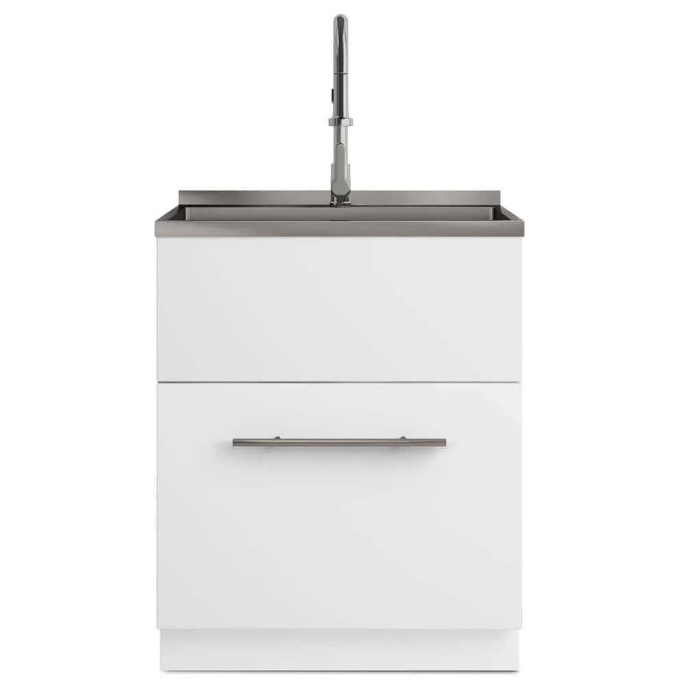 Simpli Home Metro Modern 28 in. Wall Mount Laundry Sink with Cabinet Faucet and Stainless Steel Sink in White, photo 2 of 10