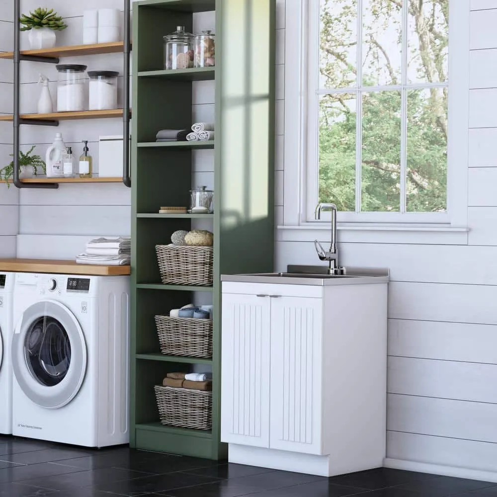 Simpli Home Murphy Transitional 24 in. wall mount Laundry sink with Cabinet Faucet and Stainless Steel Sink in White, photo 11 of 11