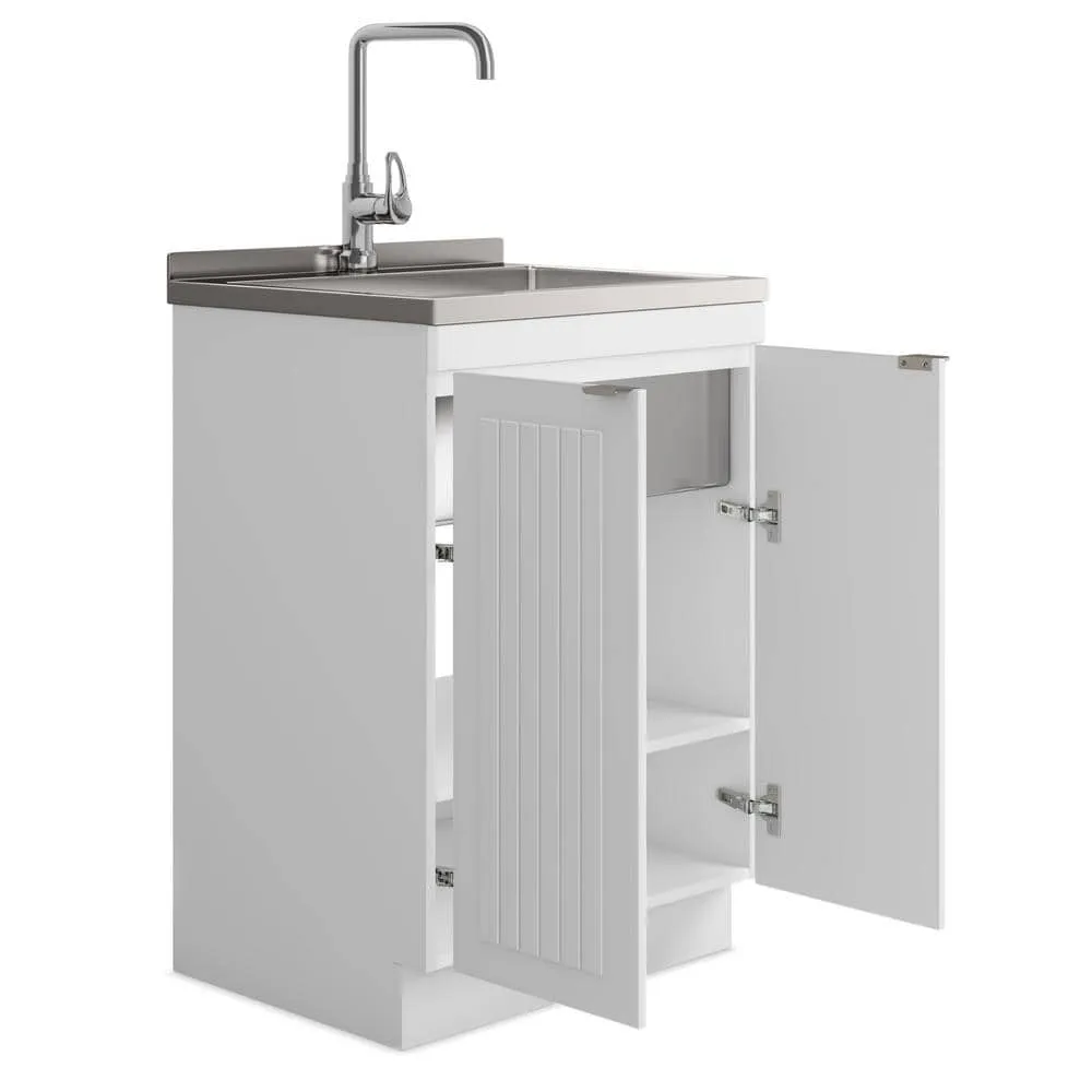 Simpli Home Murphy Transitional 24 in. wall mount Laundry sink with Cabinet Faucet and Stainless Steel Sink in White, photo 3 of 11