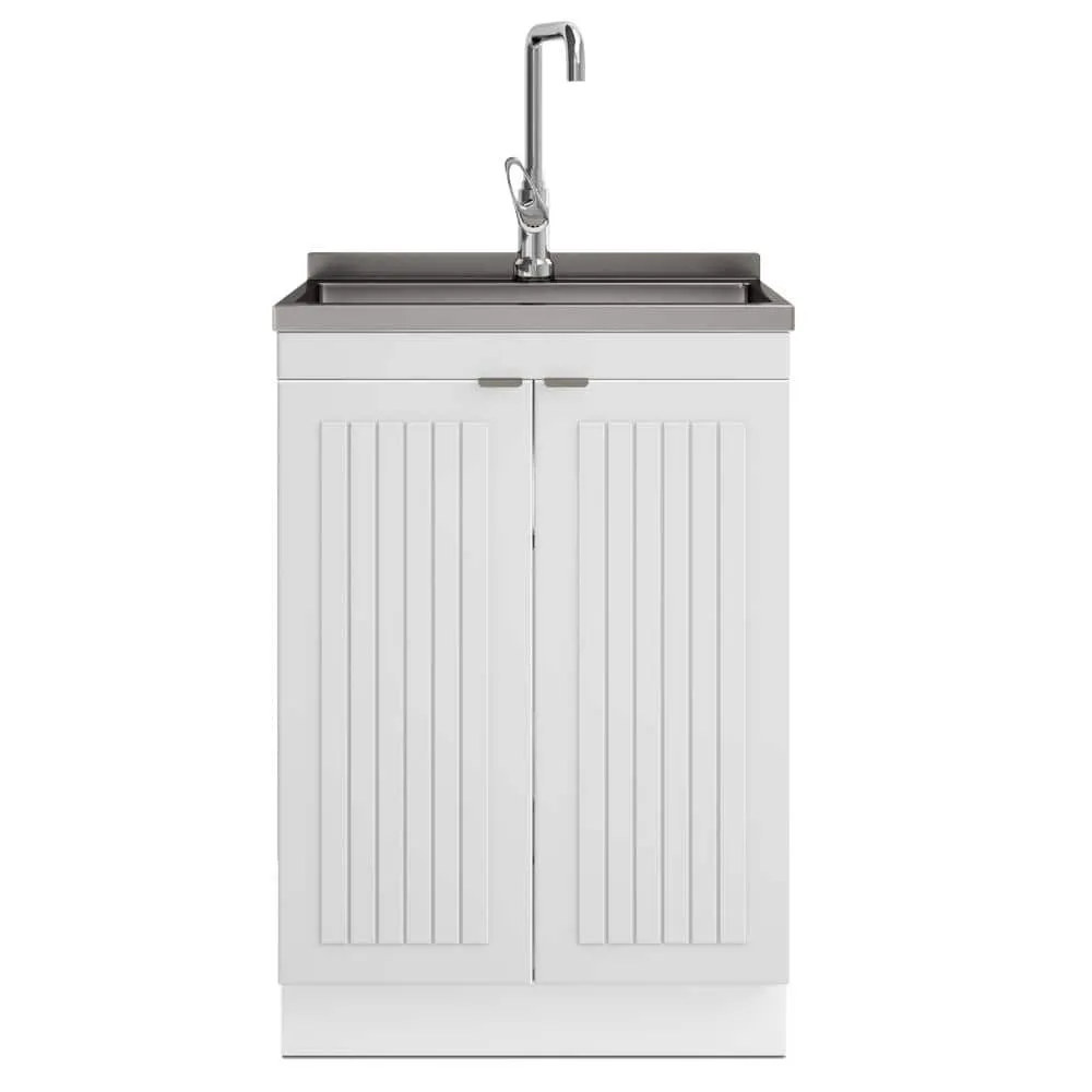 Simpli Home Murphy Transitional 24 in. wall mount Laundry sink with Cabinet Faucet and Stainless Steel Sink in White, photo 2 of 11
