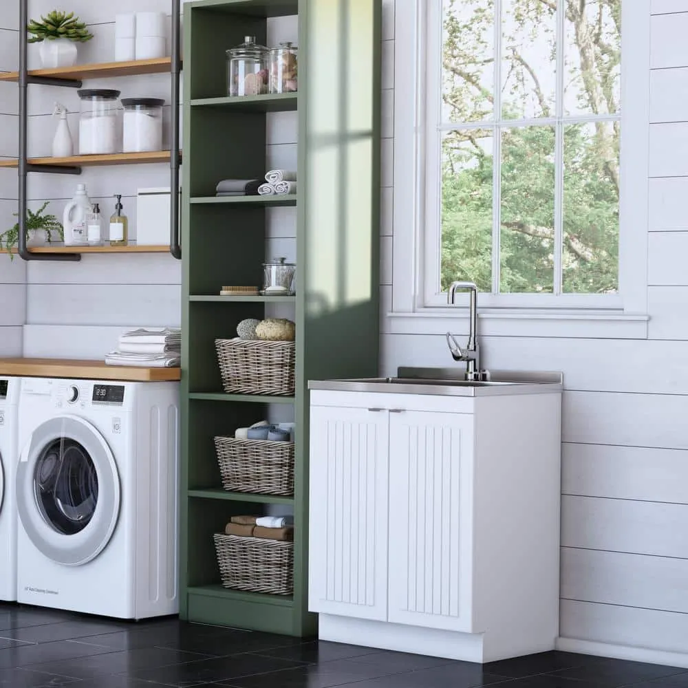 Simpli Home Murphy Transitional 28 in. wall mount Laundry sink with Cabinet Faucet and Stainless Steel Sink in White, photo 10 of 10