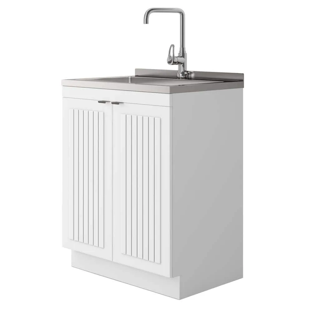 Simpli Home Murphy Transitional 28 in. wall mount Laundry sink with Cabinet Faucet and Stainless Steel Sink in White, photo 3 of 10