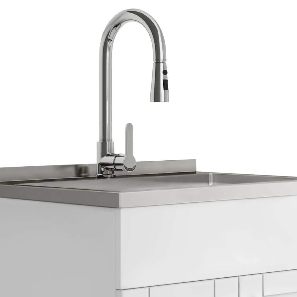 Simpli Home Modern Wide Shaker Transitional 28 in. Wall Mount Laundry Sink with Cabinet Faucet and Stainless Steel Sink in White, photo 6 of 11