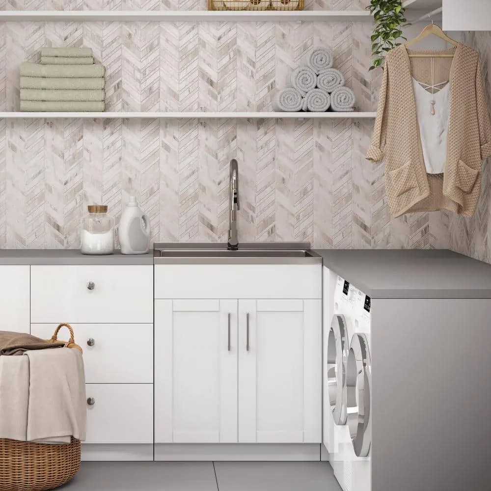 Simpli Home Modern Wide Shaker Transitional 28 in. Wall Mount Laundry Sink with Cabinet Faucet and Stainless Steel Sink in White, photo 11 of 11