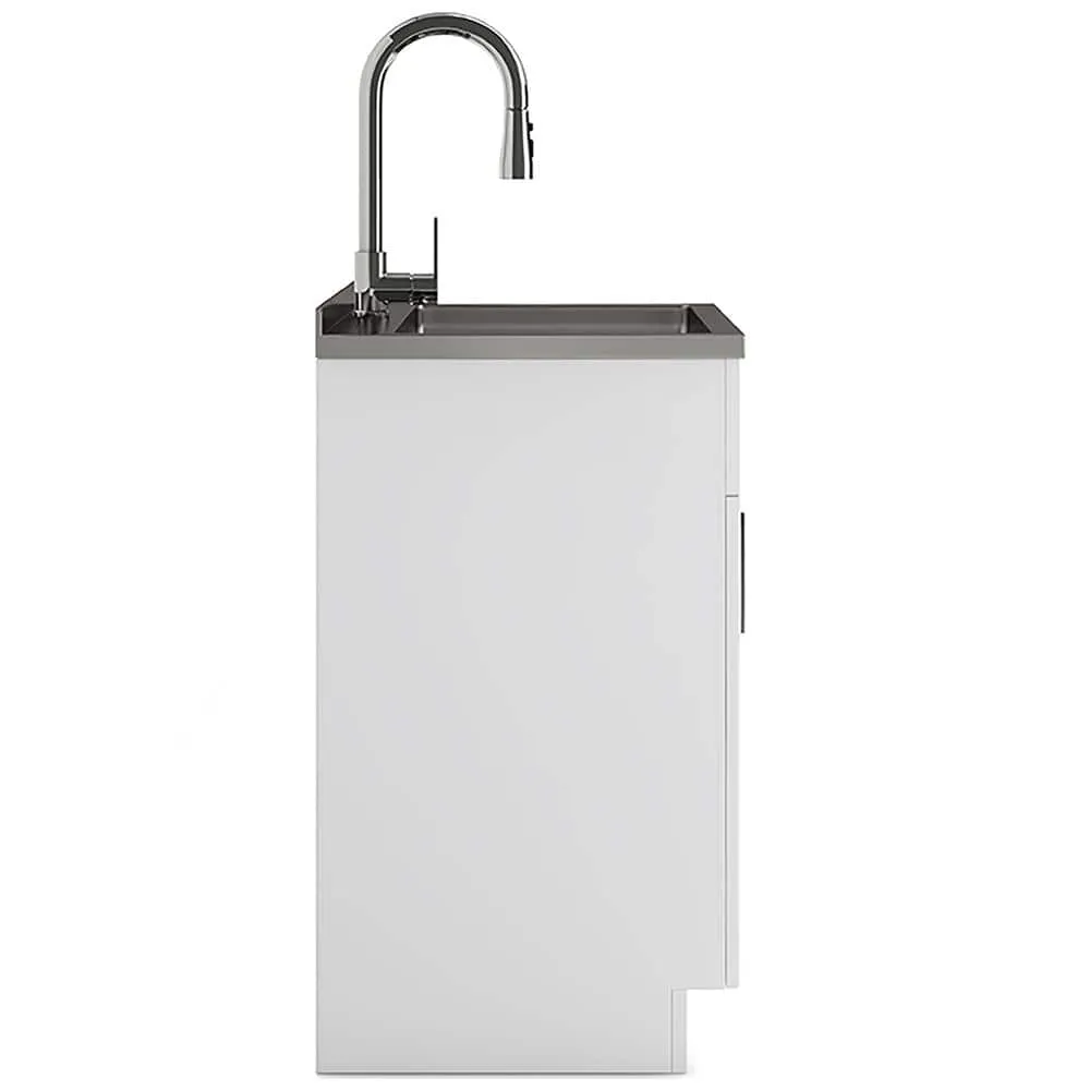 Simpli Home Modern Wide Shaker Transitional 28 in. Wall Mount Laundry Sink with Cabinet Faucet and Stainless Steel Sink in White, photo 7 of 11