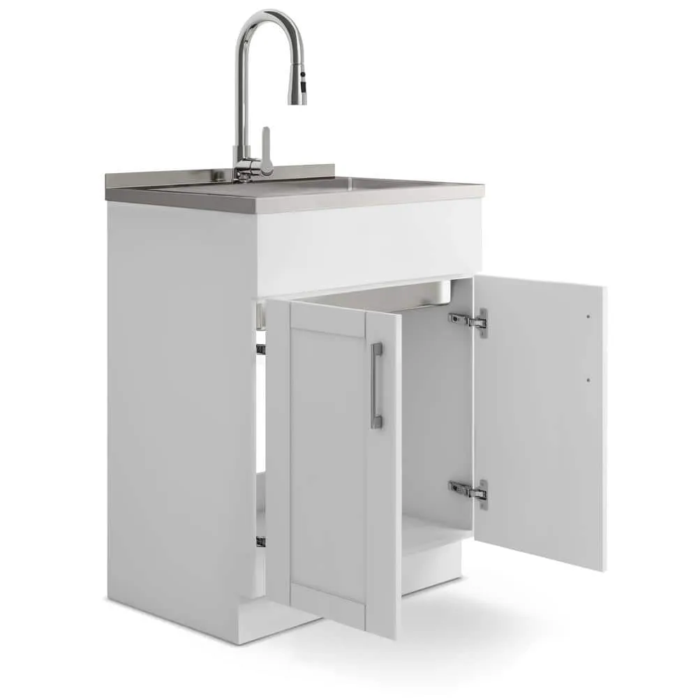 Simpli Home Modern Wide Shaker Transitional 28 in. Wall Mount Laundry Sink with Cabinet Faucet and Stainless Steel Sink in White, photo 3 of 11