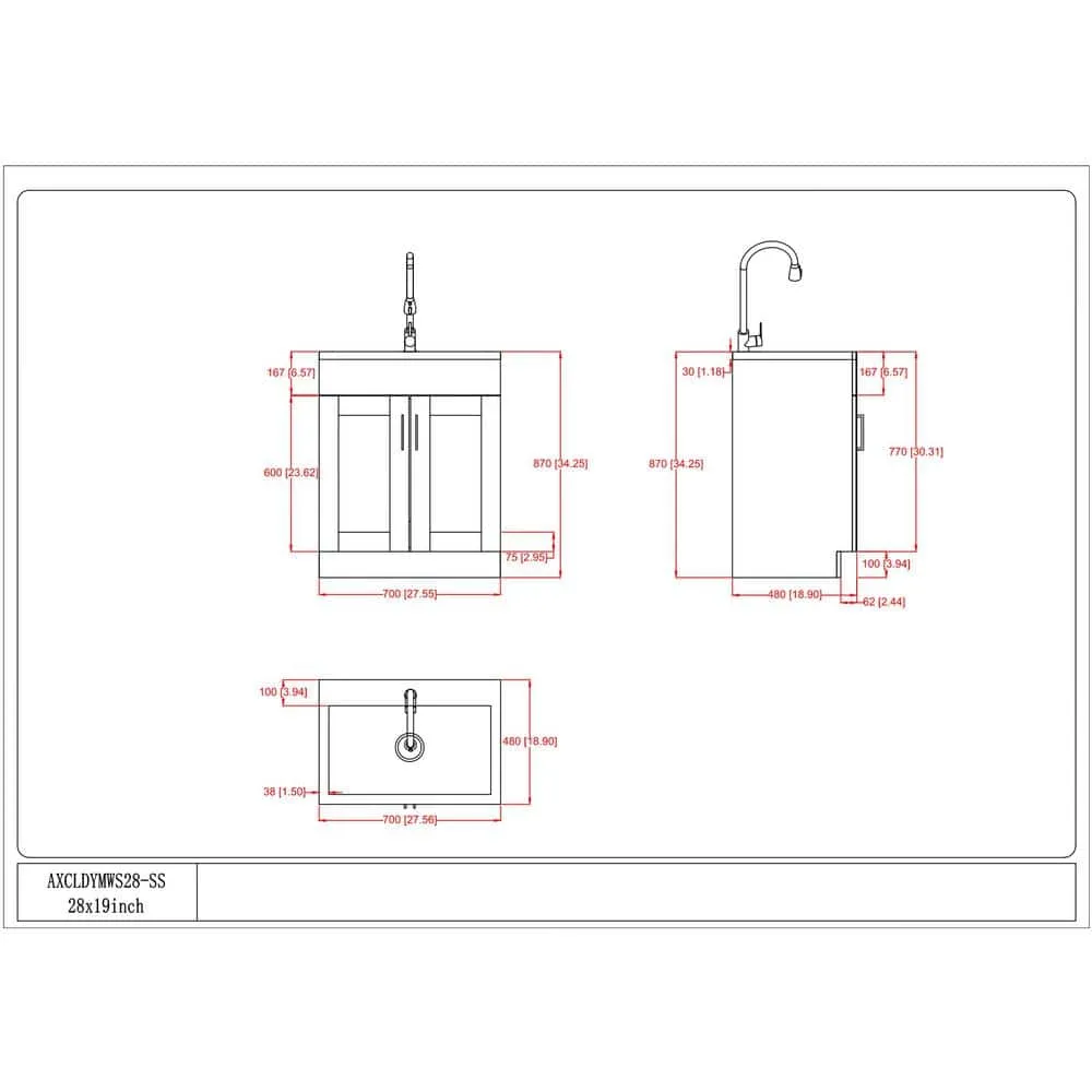 Simpli Home Modern Wide Shaker Transitional 28 in. Wall Mount Laundry Sink with Cabinet Faucet and Stainless Steel Sink in White, photo 10 of 11