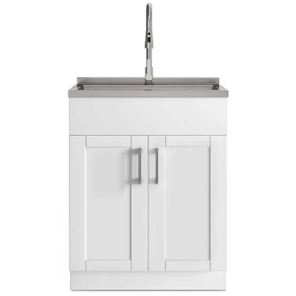 Simpli Home Modern Wide Shaker Transitional 28 in. Wall Mount Laundry Sink with Cabinet Faucet and Stainless Steel Sink in White, photo 2 of 11