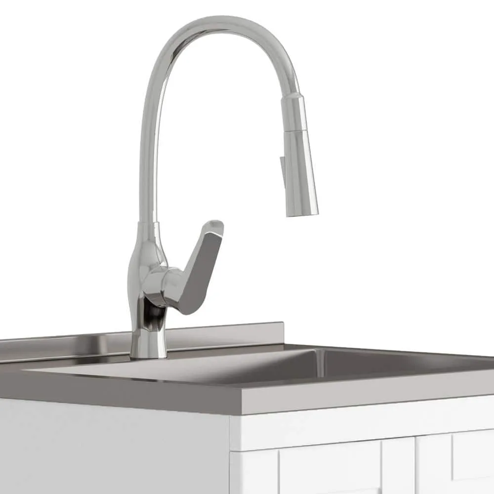 Simpli Home Reed Transitional 24 in. Deluxe wall mount Laundry sink with Cabinet Pull-out Faucet and Stainless Steel Sink in White, photo 6 of 10