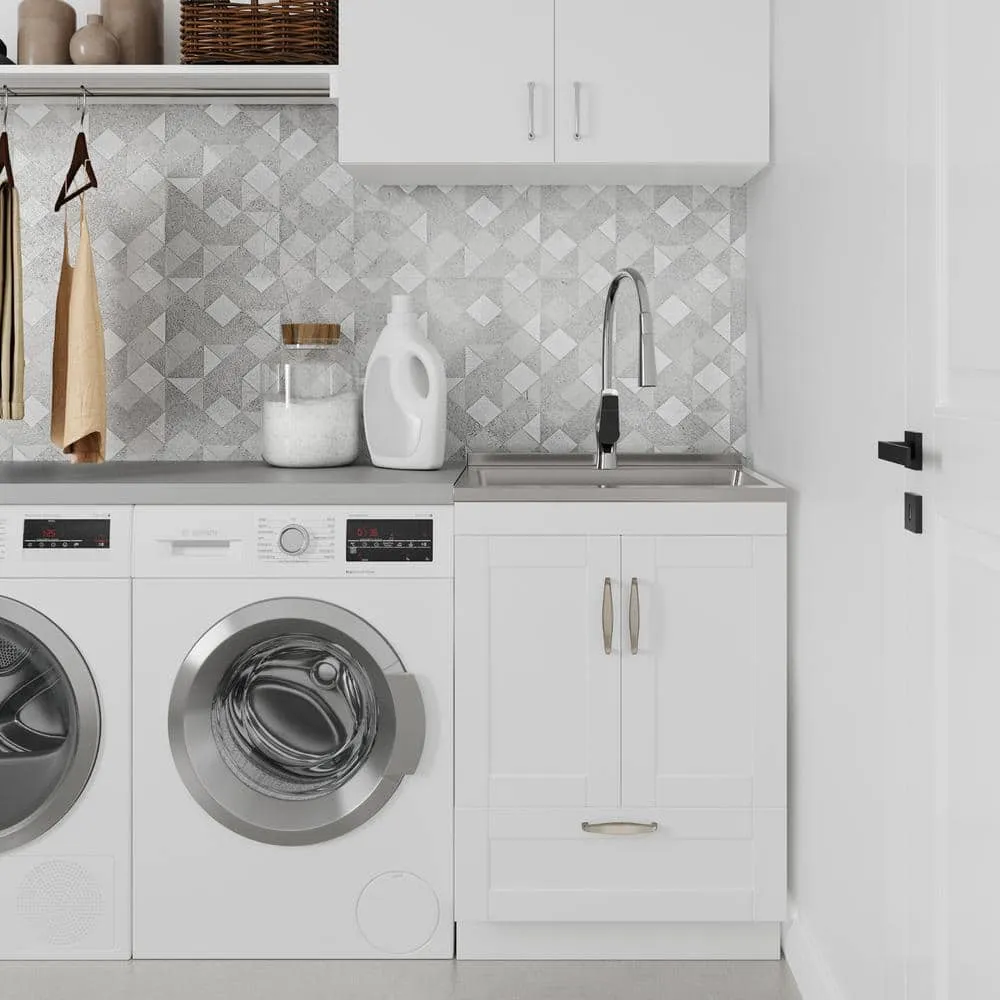 Simpli Home Reed Transitional 24 in. Deluxe wall mount Laundry sink with Cabinet Pull-out Faucet and Stainless Steel Sink in White, photo 10 of 10