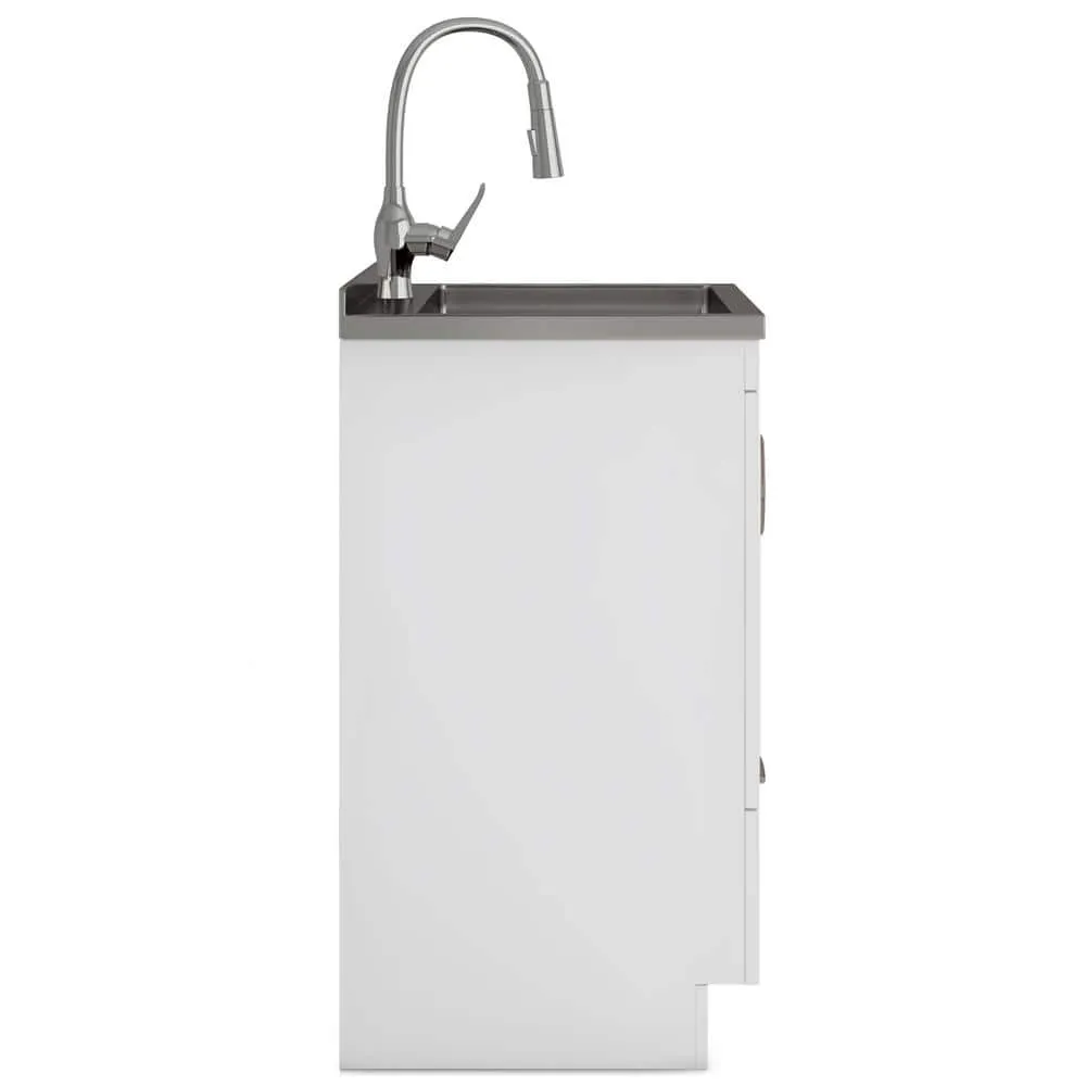 Simpli Home Reed Transitional 24 in. Deluxe wall mount Laundry sink with Cabinet Pull-out Faucet and Stainless Steel Sink in White, photo 5 of 10