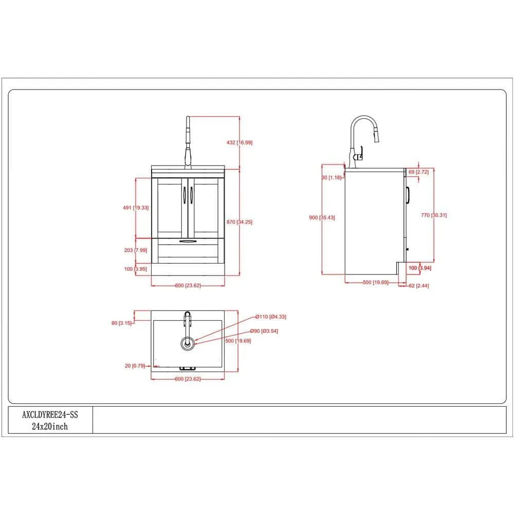 Simpli Home Reed Transitional 24 in. Deluxe wall mount Laundry sink with Cabinet Pull-out Faucet and Stainless Steel Sink in White, photo 9 of 10