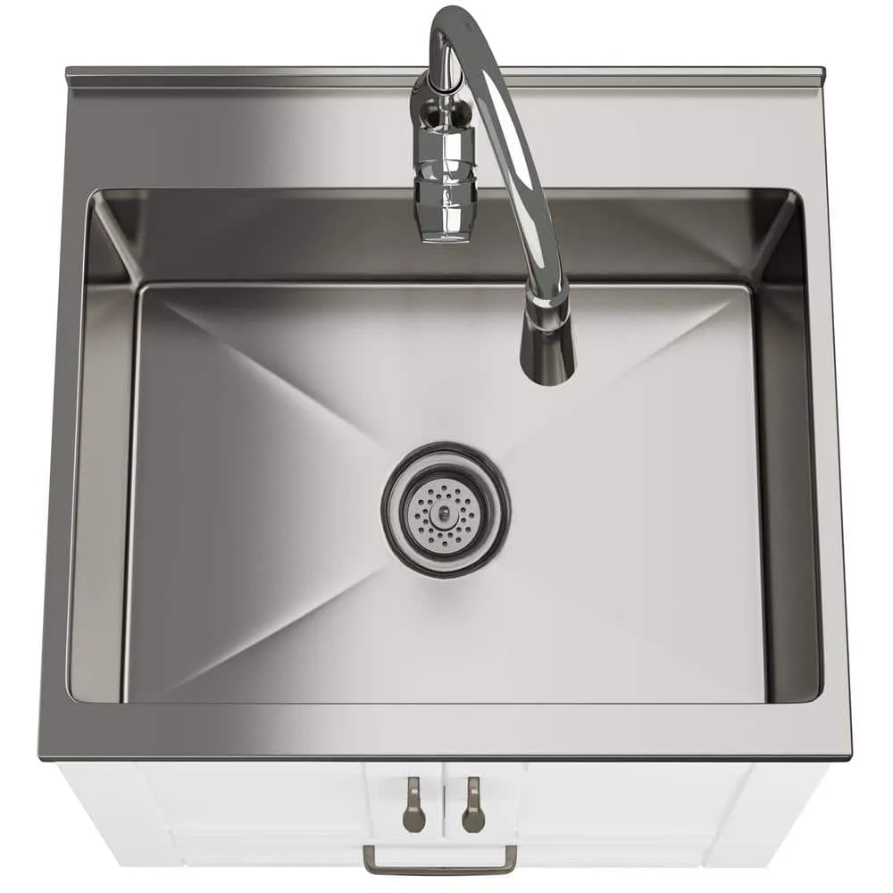 Simpli Home Reed Transitional 24 in. Deluxe wall mount Laundry sink with Cabinet Pull-out Faucet and Stainless Steel Sink in White, photo 4 of 10