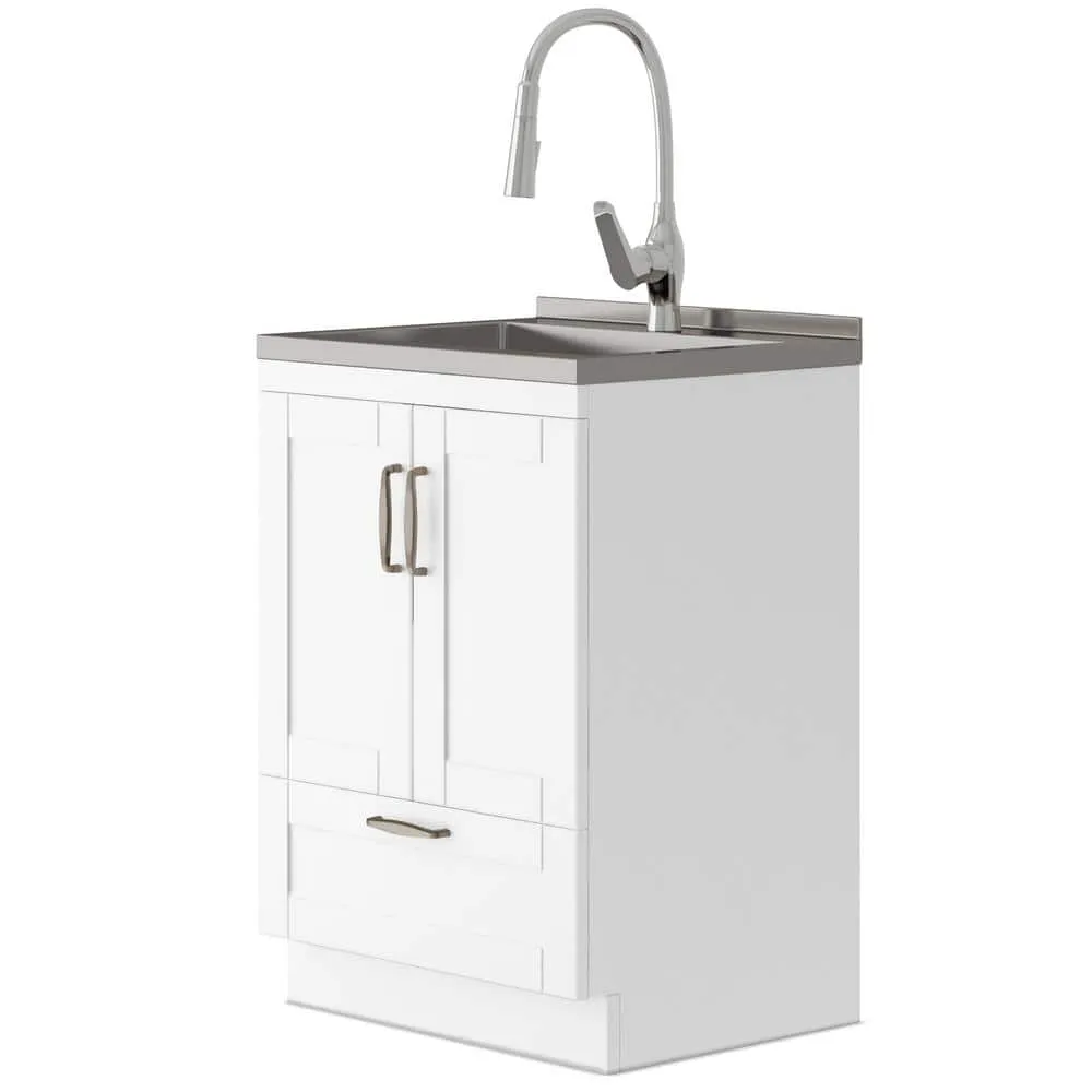 Simpli Home Reed Transitional 24 in. Deluxe wall mount Laundry sink with Cabinet Pull-out Faucet and Stainless Steel Sink in White, photo 2 of 10