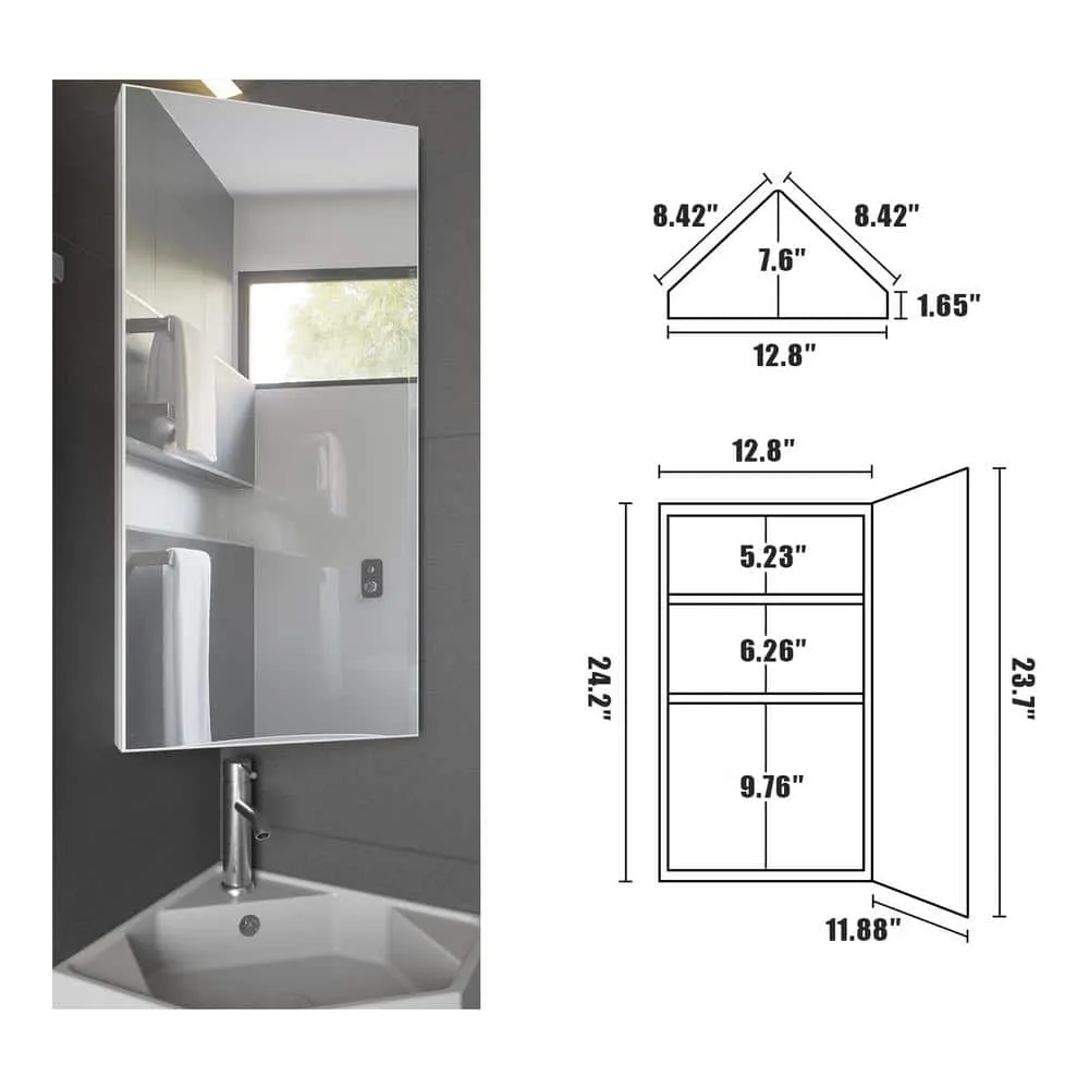 eclife 12.8 in. W x 24.2 in. H Rectangular Single Door Corner Surface Mount Frameless Medicine Cabinet with Mirror in White, photo 7 of 8