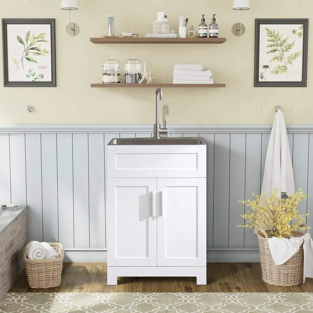 Tatayosi White Laundry Tub Cabinet with Stainless Steel Sink and Faucet, photo 4 of 8