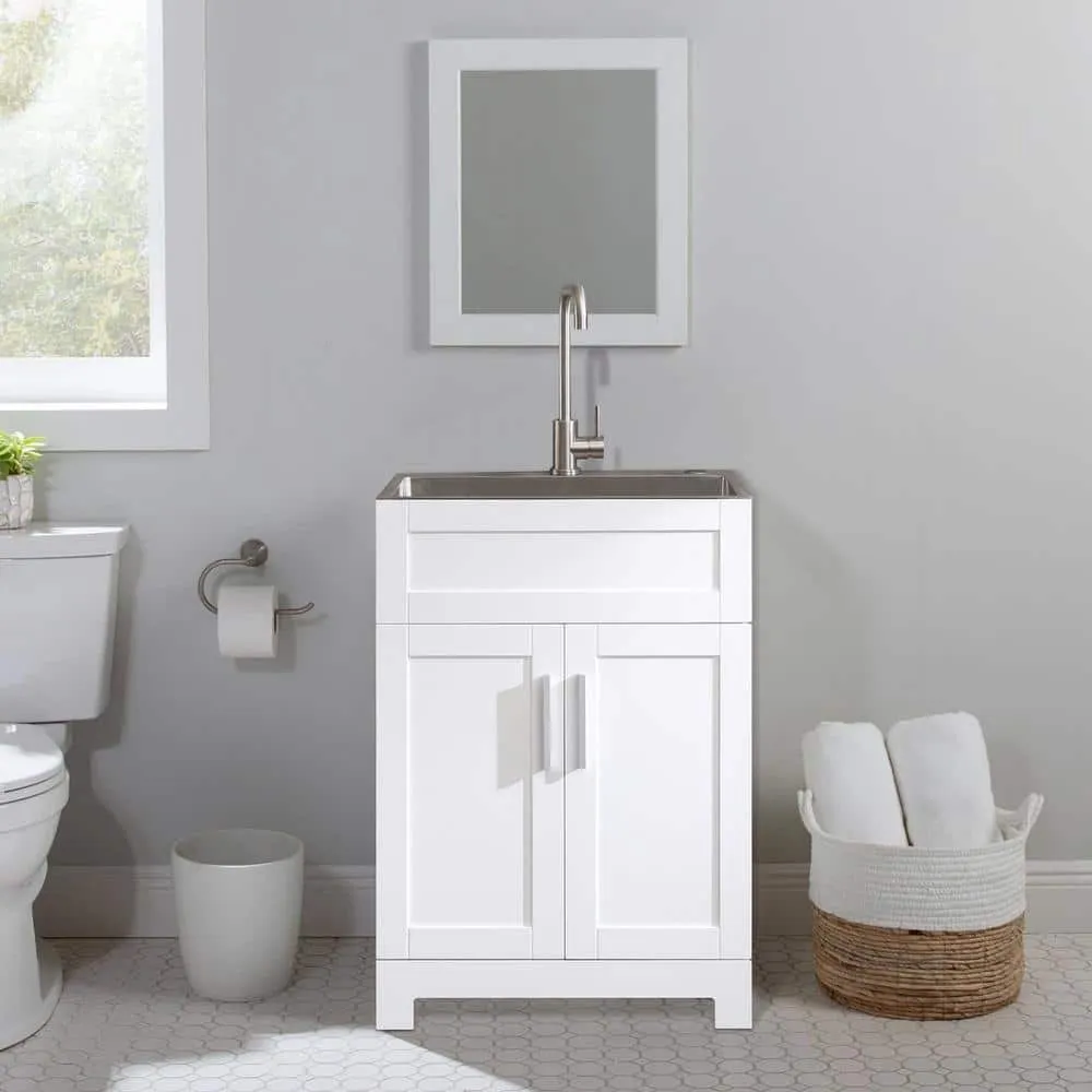 Tatayosi White Laundry Tub Cabinet with Stainless Steel Sink and Faucet, photo 3 of 8