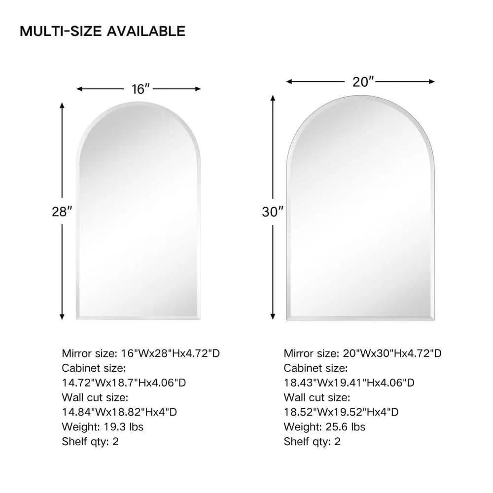 TEHOME Tomace 20 in. W x 30 in. H Arched Recess and Surface Mount Frameless Medicine Cabinet with Mirror, photo 7 of 9