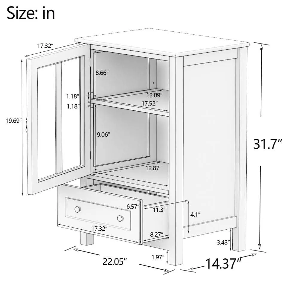 Tileon 22 in. W x 14.4 in. D x 31.7 in. H White Single Glass Doors Corner Kitchen Cabinet Buffet Ready to Assemble cabinet, photo 2 of 6