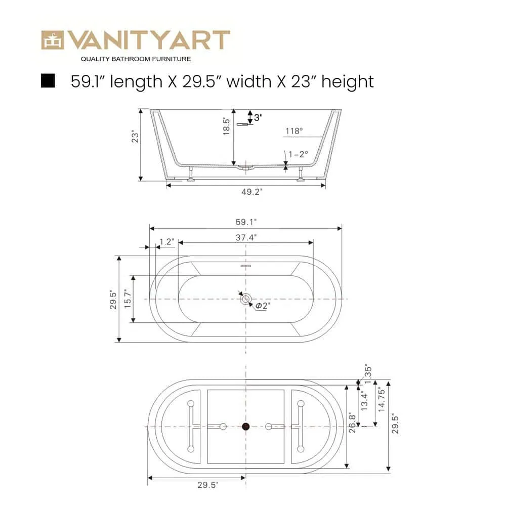 Vanity Art Bordeaux 59 in. Acrylic Flatbottom Freestanding Bathtub in White/Titanium Gold, photo 9 of 11