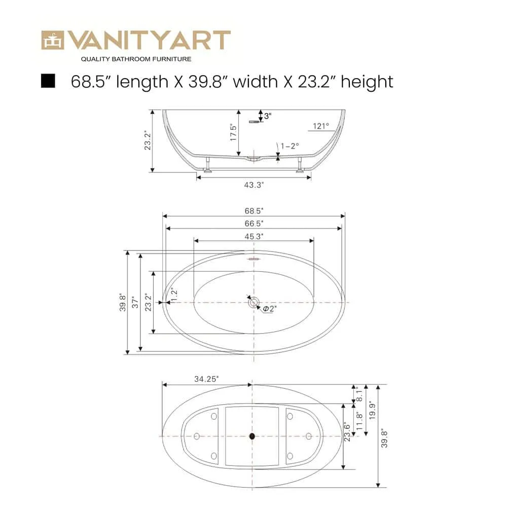 Vanity Art Amiens 69 in. x 40 in. Acrylic Flatbottom Freestanding Soaking Bathtub with Center Drain in White/Titanium Gold, photo 2 of 6