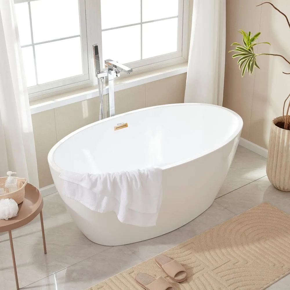 Vanity Art Calais 55 in. L x 32 in. W Acrylic Flatbottom Freestanding Bathtub with Center Drain in White/Titanium Gold, photo 7 of 8