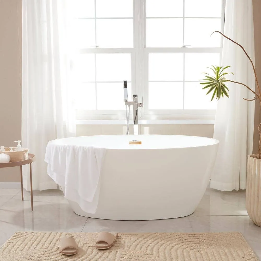 Vanity Art Calais 55 in. L x 32 in. W Acrylic Flatbottom Freestanding Bathtub with Center Drain in White/Titanium Gold, photo 2 of 8